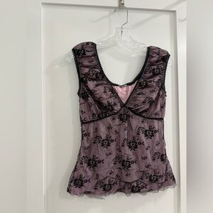 Brand Tag Cut Out pink v neck sleeveless top with black mesh + flocked flowers